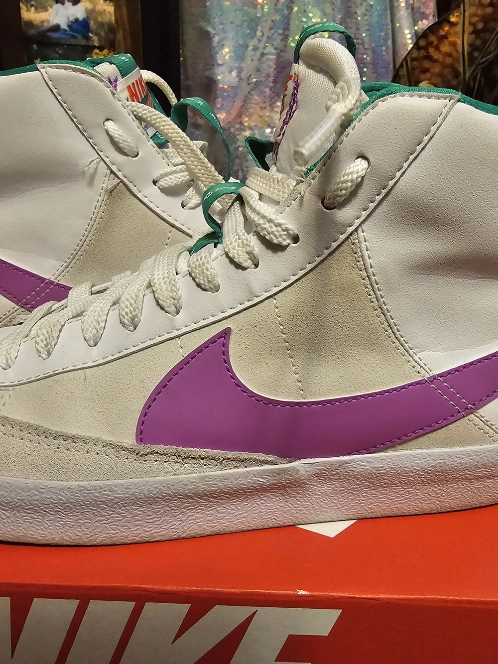 Nike Women’s White High-Top Sneakers with Purple Swoosh and Green Trim